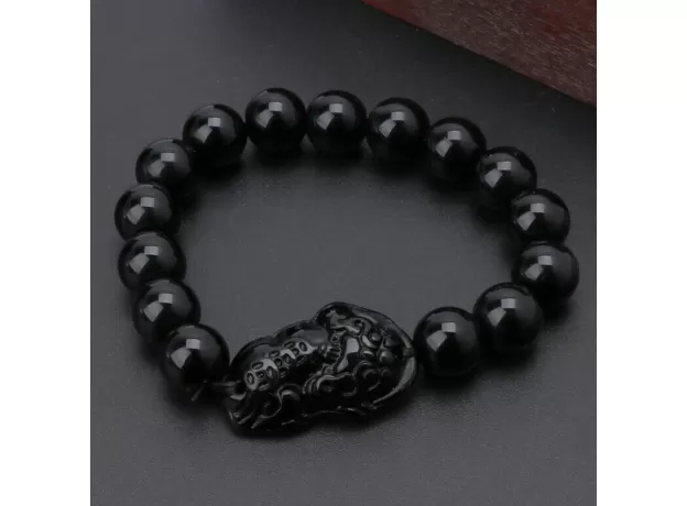 FENG SHUI BLACK OBSIDIAN WEALTH BRACELET - GOLD PIXIU UNISEX WRISTBAND