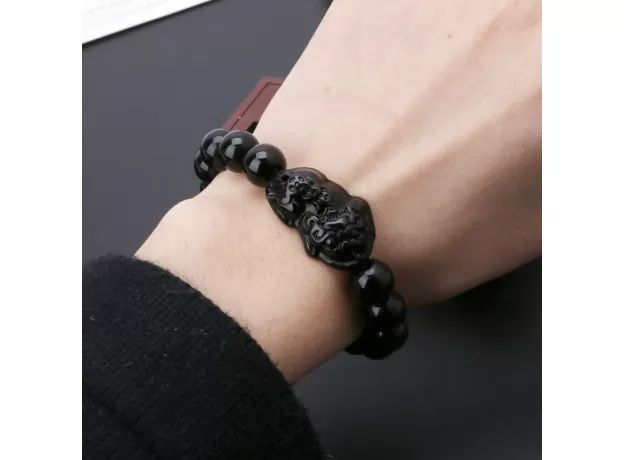 FENG SHUI BLACK OBSIDIAN WEALTH BRACELET - GOLD PIXIU UNISEX WRISTBAND