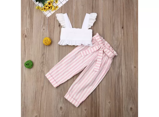 TODDLER BABY GIRLS' SUMMER OUTFIT – LACE STRAP RUFFLE CROP TOP & STRIPED SHORTS