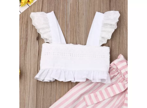 TODDLER BABY GIRLS' SUMMER OUTFIT – LACE STRAP RUFFLE CROP TOP & STRIPED SHORTS