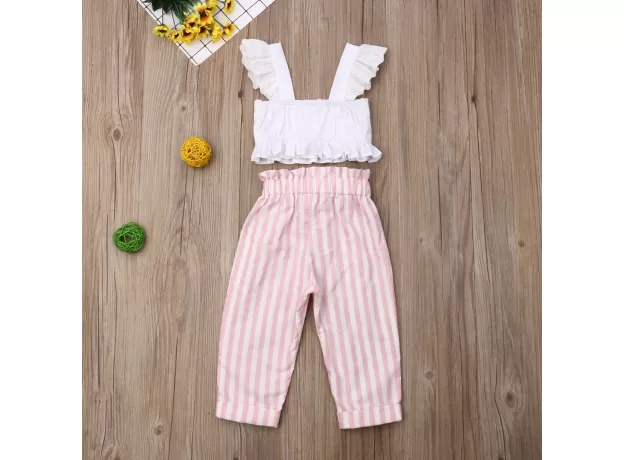 TODDLER BABY GIRLS' SUMMER OUTFIT – LACE STRAP RUFFLE CROP TOP & STRIPED SHORTS