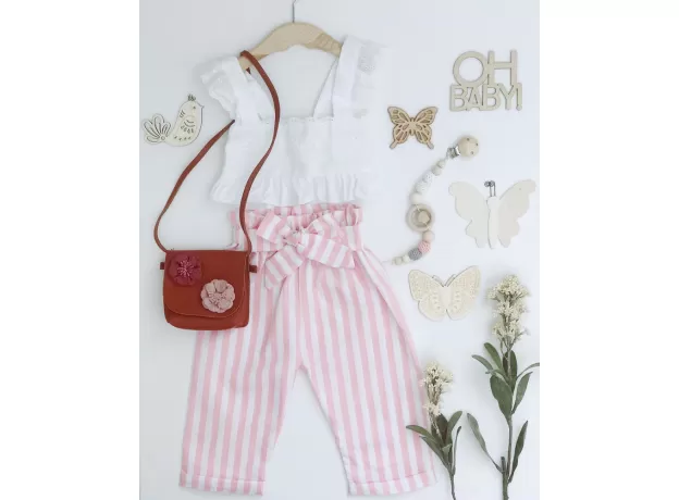 TODDLER BABY GIRLS' SUMMER OUTFIT – LACE STRAP RUFFLE CROP TOP & STRIPED SHORTS