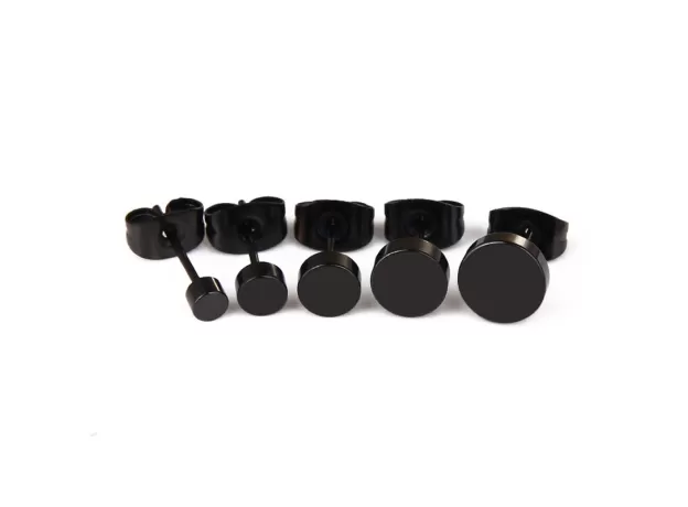 STAINLESS STEEL BLACK & SILVER ROUND PUSH BACK STUD EARRINGS