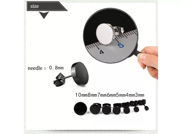 STAINLESS STEEL BLACK & SILVER ROUND PUSH BACK STUD EARRINGS