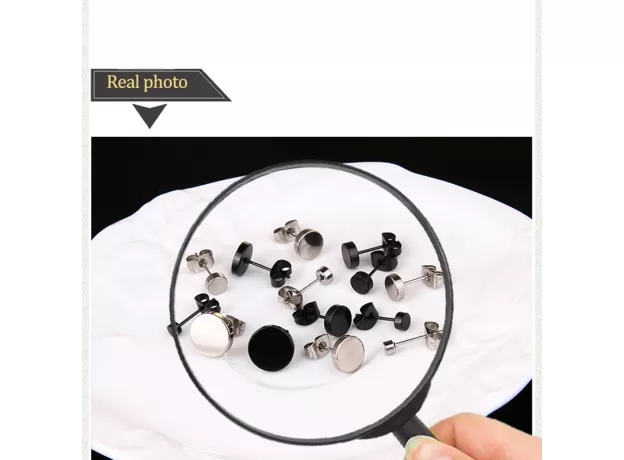 STAINLESS STEEL BLACK & SILVER ROUND PUSH BACK STUD EARRINGS