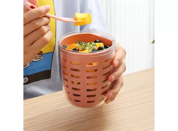 1PC DRIPABLE FRUIT CUP WITH FORK FOOD - LARGE CAPACITY FOOD STORAGE CONTAINERS - PICNIC BUCKET - SALAD CUP - STUDENT PORTABLE