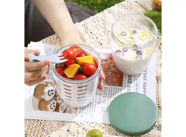 1PC DRIPABLE FRUIT CUP WITH FORK FOOD - LARGE CAPACITY FOOD STORAGE CONTAINERS - PICNIC BUCKET - SALAD CUP - STUDENT PORTABLE