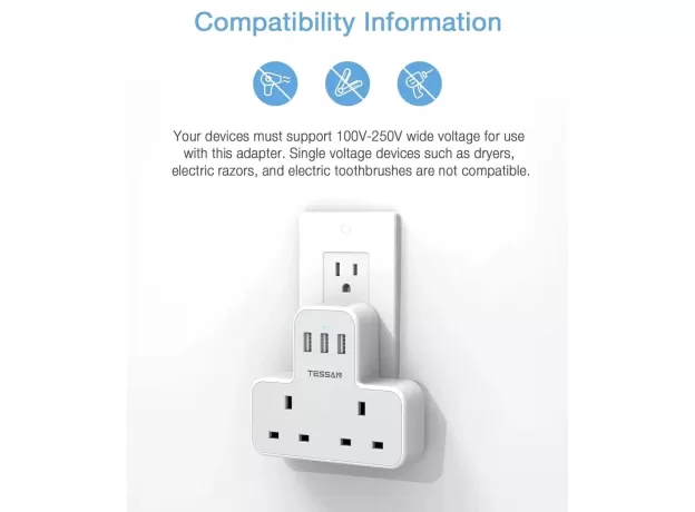 UK TO US PLUG ADAPTER WITH USB PORTS - TRAVEL ADAPTER UK TO USA - GROUNDED USA PLUG ADAPTER WITH 3 USB PORTS