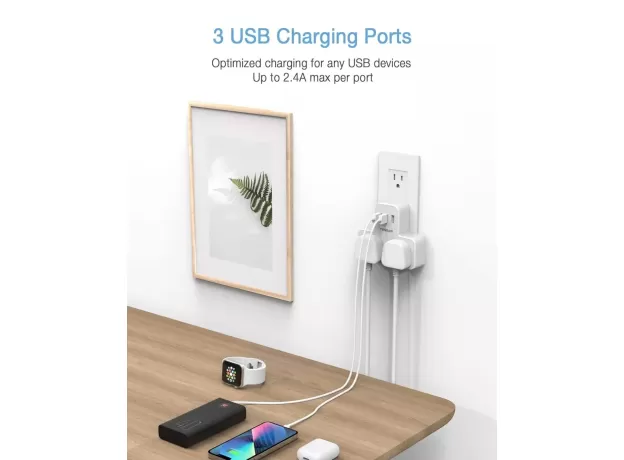 UK TO US PLUG ADAPTER WITH USB PORTS - TRAVEL ADAPTER UK TO USA - GROUNDED USA PLUG ADAPTER WITH 3 USB PORTS