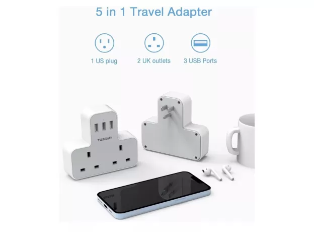 UK TO US PLUG ADAPTER WITH USB PORTS - TRAVEL ADAPTER UK TO USA - GROUNDED USA PLUG ADAPTER WITH 3 USB PORTS