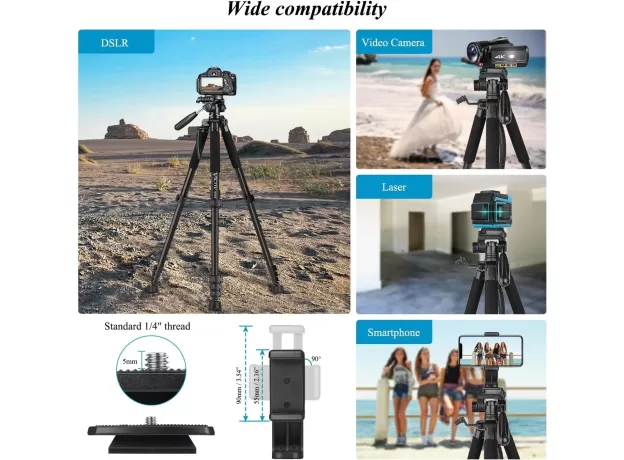 VICTIV CAMERA TRIPOD 63–73 INCH FOR CANON NIKON – LIGHTWEIGHT DSLR CAMERA STAND WITH DETACHABLE 3-WAY SWIVEL PAN HEAD