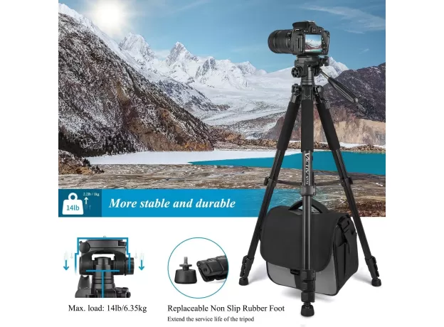 VICTIV CAMERA TRIPOD 63–73 INCH FOR CANON NIKON – LIGHTWEIGHT DSLR CAMERA STAND WITH DETACHABLE 3-WAY SWIVEL PAN HEAD