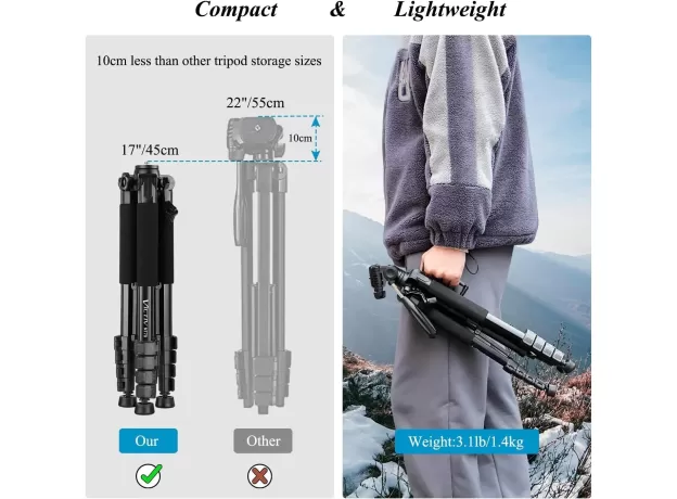 VICTIV CAMERA TRIPOD 63–73 INCH FOR CANON NIKON – LIGHTWEIGHT DSLR CAMERA STAND WITH DETACHABLE 3-WAY SWIVEL PAN HEAD