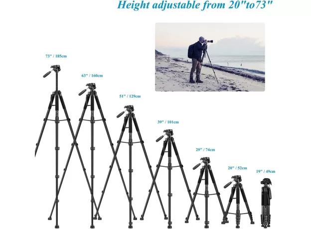 VICTIV CAMERA TRIPOD 63–73 INCH FOR CANON NIKON – LIGHTWEIGHT DSLR CAMERA STAND WITH DETACHABLE 3-WAY SWIVEL PAN HEAD