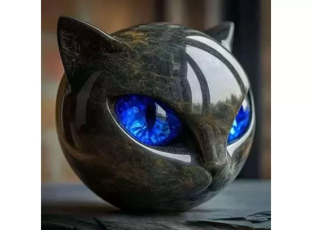 DECORATIVE BLACK CAT STONE FIGURINE - RESIN CAT HEAD HEALING STONE ORNAMENT FOR HOME & OFFICE