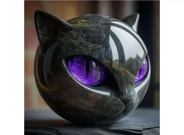 DECORATIVE BLACK CAT STONE FIGURINE - RESIN CAT HEAD HEALING STONE ORNAMENT FOR HOME & OFFICE