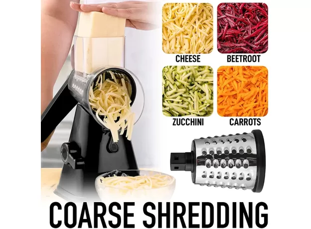 3-IN-1 ROTARY CHEESE GRATER & VEGETABLE SLICER - ROTARY VEGETABLE SHREDDER - STAINLESS STEEL MANUAL KITCHEN SHREDDER