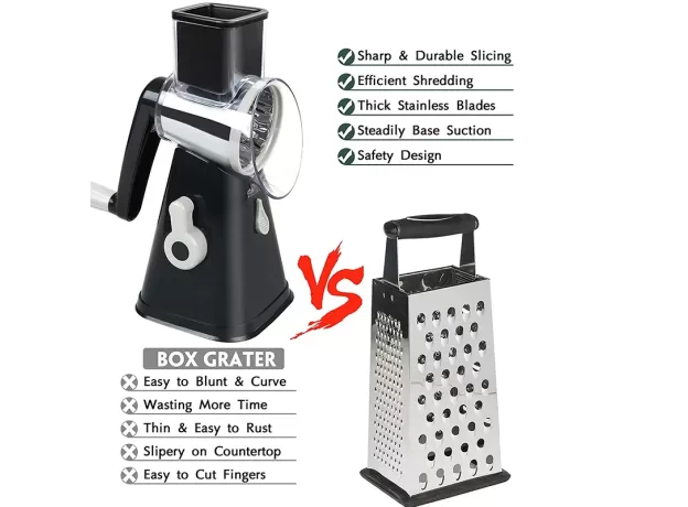 3-IN-1 ROTARY CHEESE GRATER & VEGETABLE SLICER - ROTARY VEGETABLE SHREDDER - STAINLESS STEEL MANUAL KITCHEN SHREDDER
