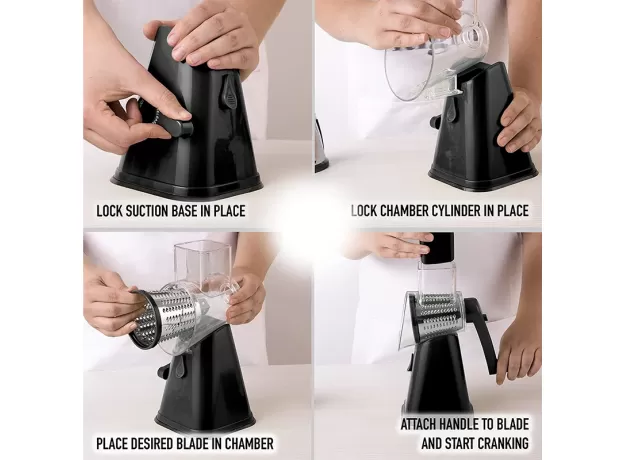 3-IN-1 ROTARY CHEESE GRATER & VEGETABLE SLICER - ROTARY VEGETABLE SHREDDER - STAINLESS STEEL MANUAL KITCHEN SHREDDER