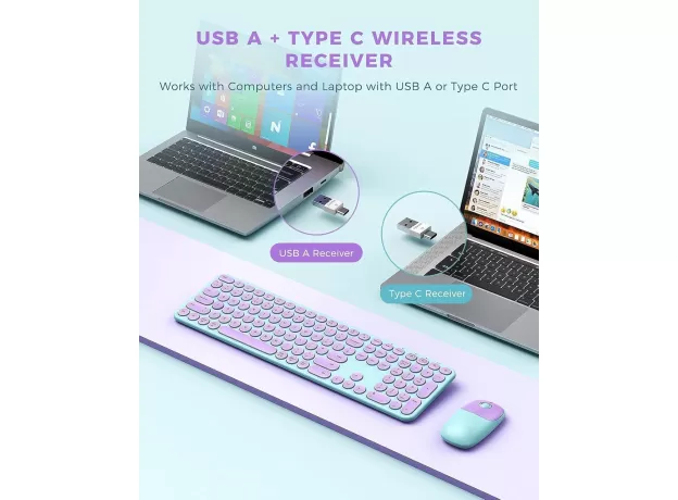 WIRELESS KEYBOARD AND MOUSE SET - COLORFUL USB & USB-C COMBO FOR WINDOWS AND MAC - STYLISH WIRELESS KEYBOARD MOUSE COMBO