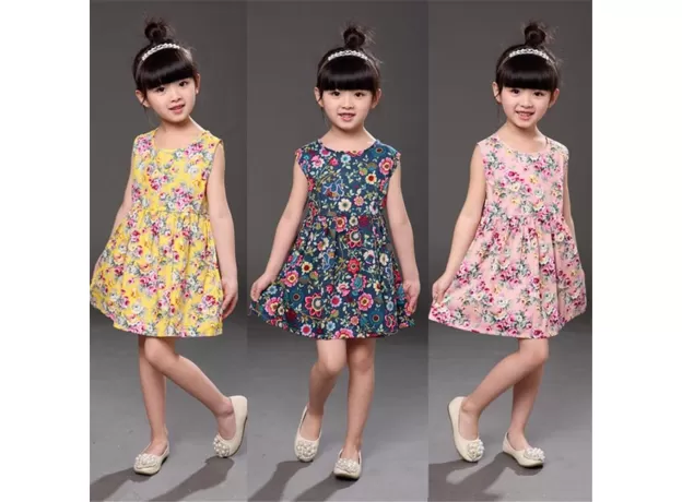 BABY & TODDLER GIRLS’ SUMMER PRINCESS DRESS – SLEEVELESS FLORAL PRINT COTTON CLOTHES (1-7 YEARS)