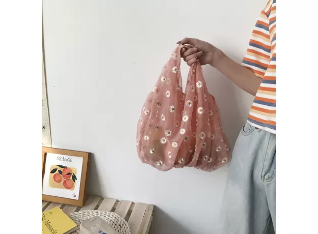 WOMEN’S SMALL TRANSPARENT MESH TOTE BAG – MINIMALIST CLEAR CLOTH HANDBAG FOR BEACH & CITY
