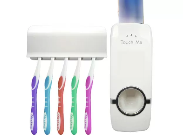AUTOMATIC TOOTHPASTE DISPENSER & 5-SLOT TOOTHBRUSH HOLDER – WALL-MOUNTED HANDS-FREE SQUEEZER