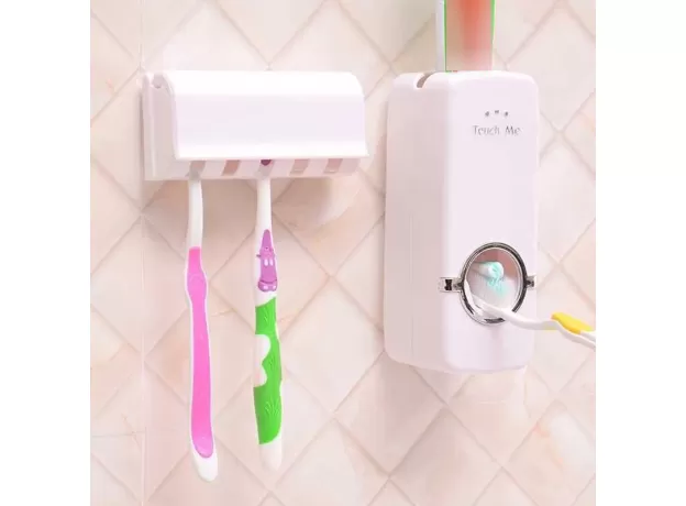 AUTOMATIC TOOTHPASTE DISPENSER & 5-SLOT TOOTHBRUSH HOLDER – WALL-MOUNTED HANDS-FREE SQUEEZER