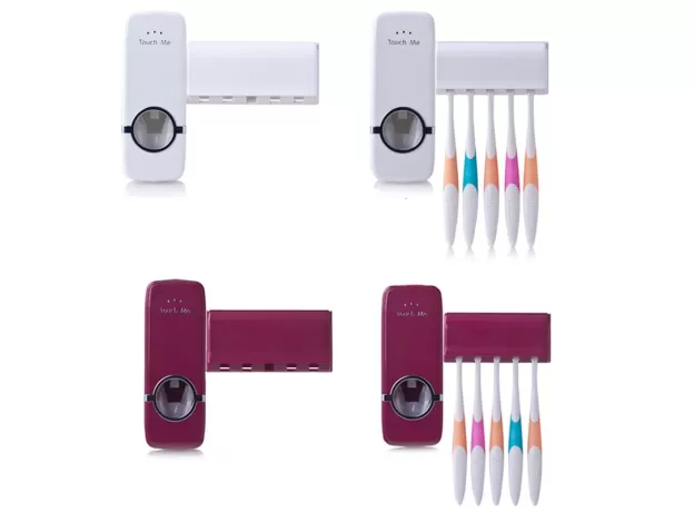 AUTOMATIC TOOTHPASTE DISPENSER & 5-SLOT TOOTHBRUSH HOLDER – WALL-MOUNTED HANDS-FREE SQUEEZER