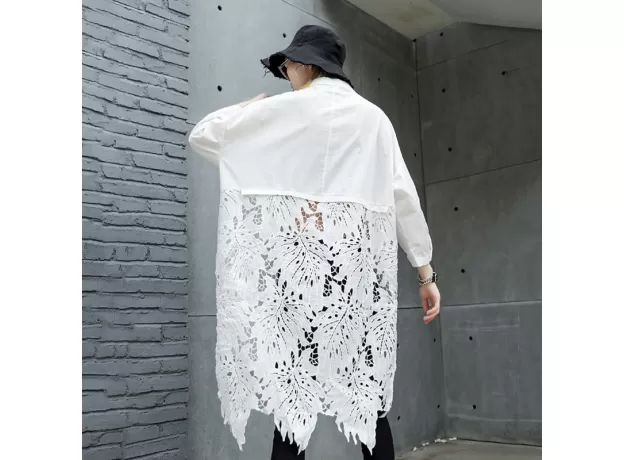 STAND COLLAR BACK LACE SPLICED SHIRT - PLUS SIZE HOLLOW OUT TOP | PROTECHSHOP
