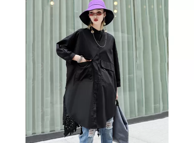 STAND COLLAR BACK LACE SPLICED SHIRT - PLUS SIZE HOLLOW OUT TOP | PROTECHSHOP