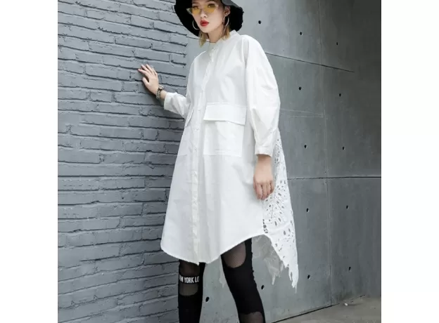 STAND COLLAR BACK LACE SPLICED SHIRT - PLUS SIZE HOLLOW OUT TOP | PROTECHSHOP