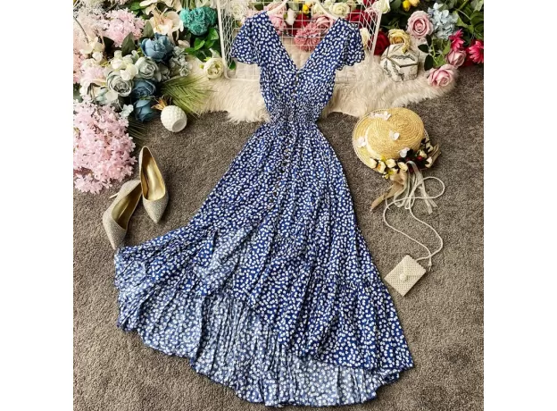 BOHEMIAN IRREGULAR RUCHED FLORAL MAXI - VINTAGE BACKLESS RUFFLE DRESS | PROTECHSHOP