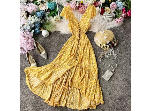 BOHEMIAN IRREGULAR RUCHED FLORAL MAXI - VINTAGE BACKLESS RUFFLE DRESS | PROTECHSHOP