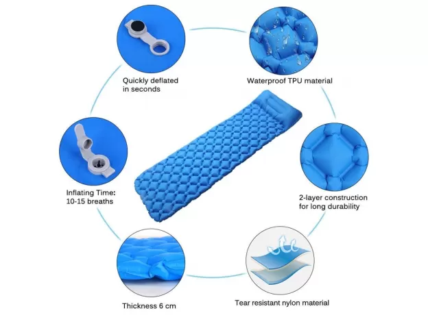 INFLATABLE SLEEPING PAD WITH PILLOW - CAMPING AIR CUSHION | PROTECHSHOP