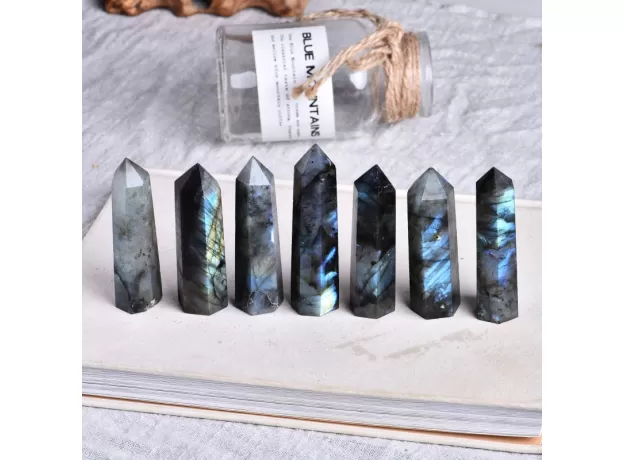 1PC NATURAL CRYSTAL LABRADORITE HEXAGONAL COLUMN CRYSTAL POINT MINERAL ORNAMENT HEALING WAND HOME DECOR