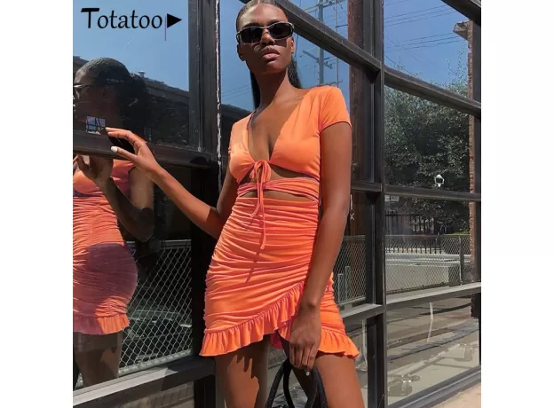 LACE UP V NECK RUCHED BODYCON MINI DRESS WOMEN SUMMER HOLLOW OUT RUFFLES SUNDRESS BEACHWEAR