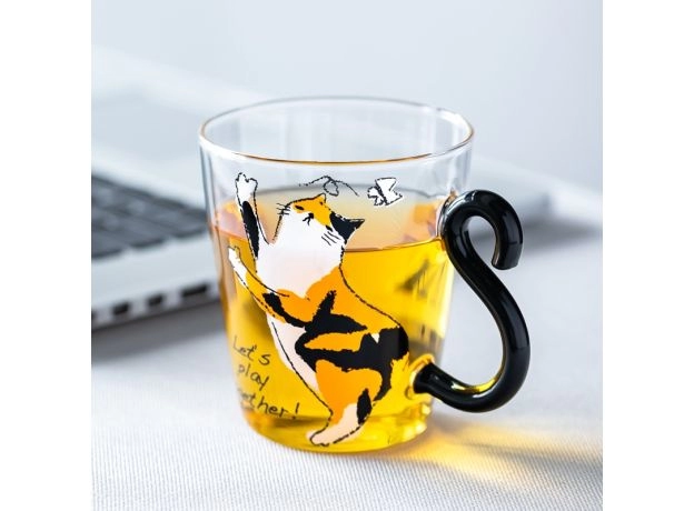CUTE CAT GLASS JUICE COFFEE CUP MILK TEA COFFEE GLASS MUG CAT TAIL HANDLE CAT