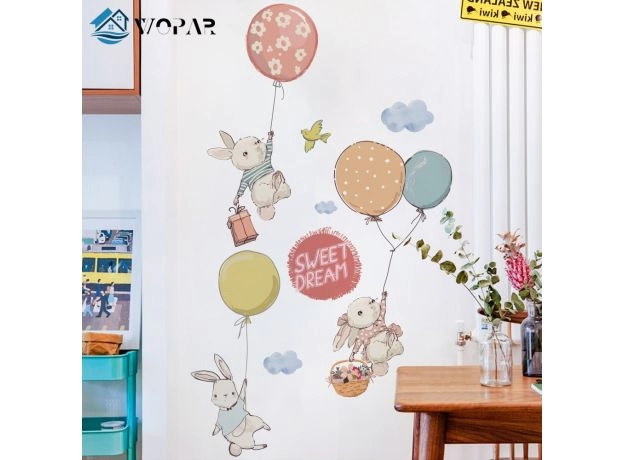 FLYING RABBIT CARTOON WALL STICKERS FOR BABY ROOMS DOOR DECORATION STICKERS CHILD ROOM DECOR