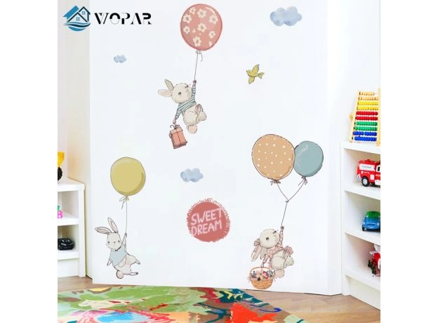 FLYING RABBIT CARTOON WALL STICKERS FOR BABY ROOMS DOOR DECORATION STICKERS CHILD ROOM DECOR