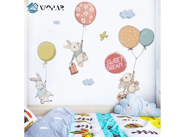 FLYING RABBIT CARTOON WALL STICKERS FOR BABY ROOMS DOOR DECORATION STICKERS CHILD ROOM DECOR