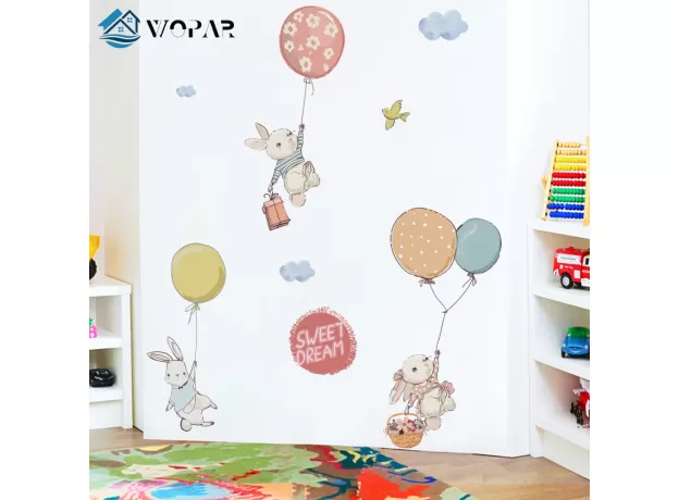 FLYING RABBIT CARTOON WALL STICKERS FOR BABY ROOMS DOOR DECORATION STICKERS CHILD ROOM DECOR