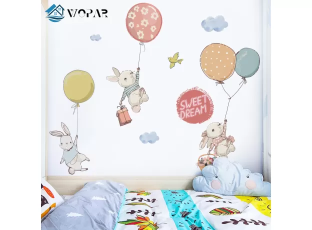 FLYING RABBIT CARTOON WALL STICKERS FOR BABY ROOMS DOOR DECORATION STICKERS CHILD ROOM DECOR