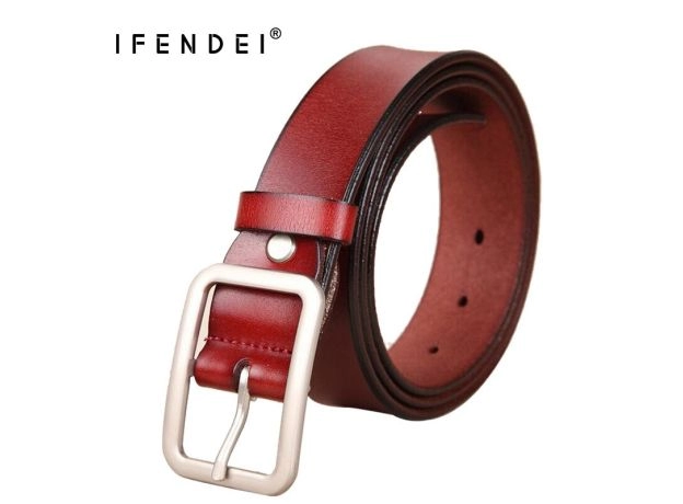 WHITE LEATHER BELTS FOR WOMEN'S BELTS WAIST SLIVER METAL BUCKLE STRAP FOR LADIES JEANS WILD RED BELT