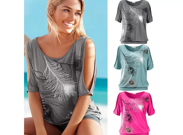 SLIT SLEEVE COLD SHOULDER FEATHER PRINT WOMEN CASUAL SUMMER T SHIRT GIRL TEE TSHIRT LOOSE TOP T-SHIRT