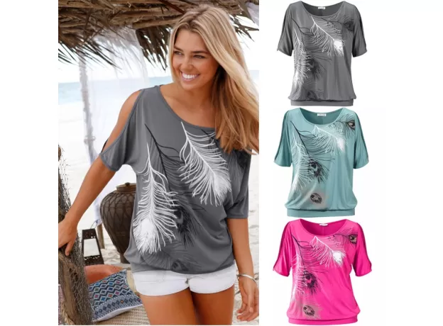 SLIT SLEEVE COLD SHOULDER FEATHER PRINT WOMEN CASUAL SUMMER T SHIRT GIRL TEE TSHIRT LOOSE TOP T-SHIRT