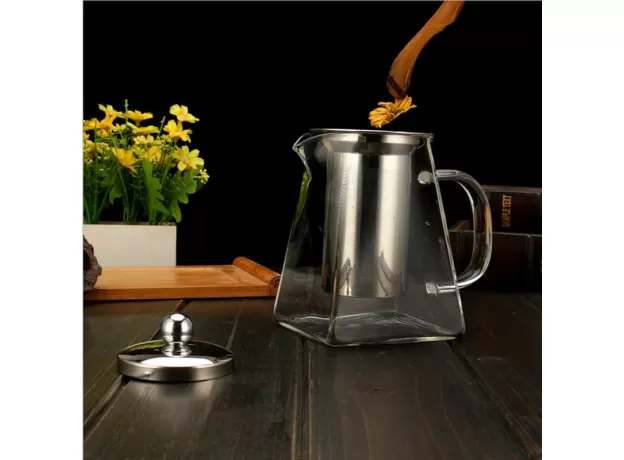 TEAPOT WITH STAINLESS STEEL INFUSER HEATED CONTAINER TEA POT GOOD CLEAR KETTLE SQUARE FILTER BASKETS