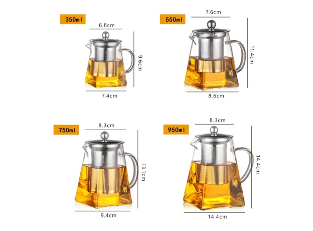 TEAPOT WITH STAINLESS STEEL INFUSER HEATED CONTAINER TEA POT GOOD CLEAR KETTLE SQUARE FILTER BASKETS