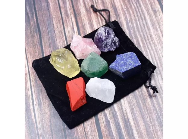 1 SET NATURAL CRYSTAL STONE SEVEN CHAKRAS BLACK CLOTH BAG LARGE GRAIN UNPOLISHED COLLECTION GIFT