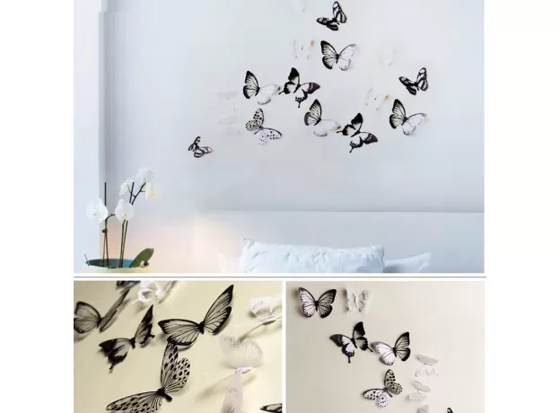 18PCS BLACK WHITE 3D CRYSTAL BUTTERFLY WALL STICKER WEDDING DECORATION BUTTERFLIES